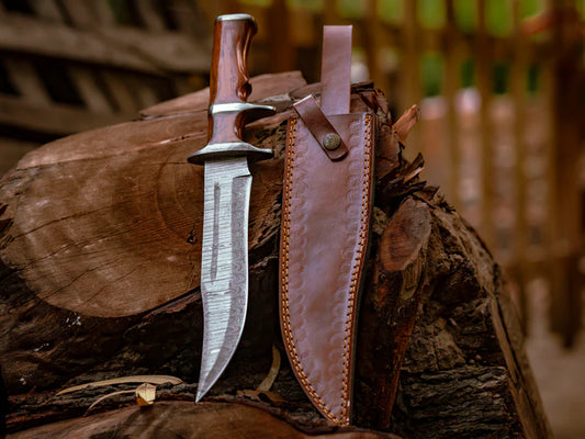 Rosewood Handle Hand-Forged Damascus Steel Bowie with Leather Sheath Cover