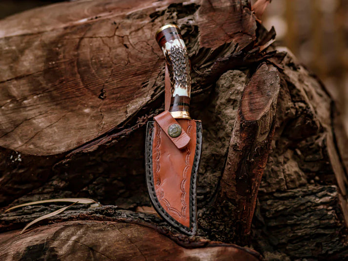 Stag Horn Handle Hand-Forged Damascus Steel Knife with  Brass Guard Handle
