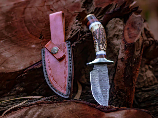 Hand-Forged Damascus Steel Knife with Stag Handle With Leather Sheath Cover