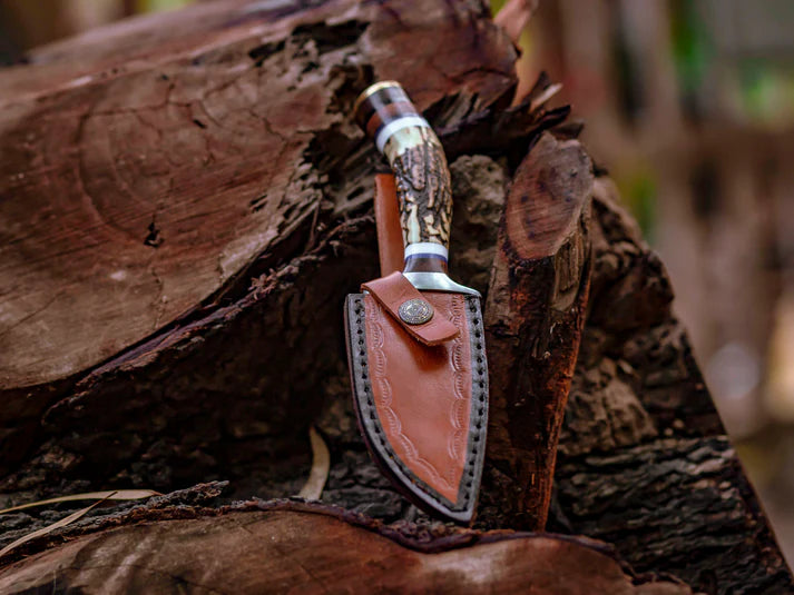 Hand-Forged Damascus Steel Knife with Stag Handle With Leather Sheath Cover