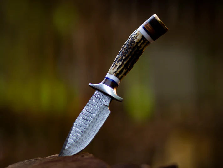 Hand-Forged Damascus Steel Knife with Stag Handle With Leather Sheath Cover