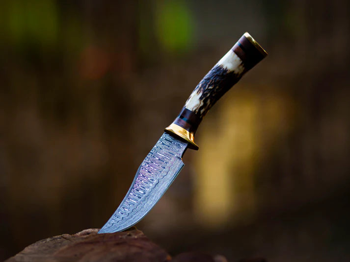 Stag Horn Handle Hand-Forged Damascus Steel Knife with  Brass Guard Handle