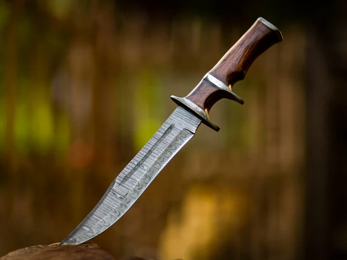 Rosewood Handle Hand-Forged Damascus Steel Bowie with Leather Sheath Cover