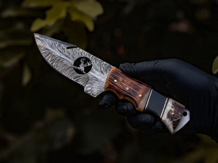 Hand-Forged Damascus Steel Skinner Knife with Natural Bone & Wood Handle With Leather Sheath Cover