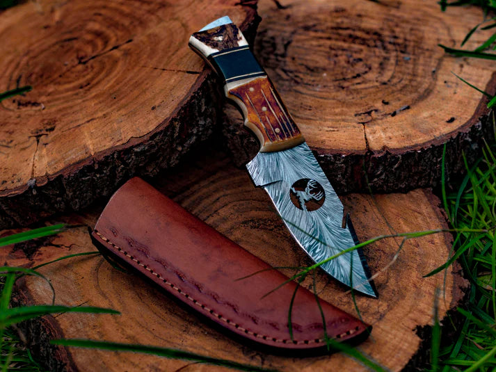 Hand-Forged Damascus Steel Skinner Knife with Natural Bone & Wood Handle With Leather Sheath Cover