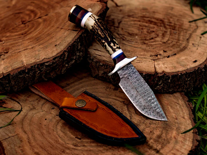 Hand-Forged Damascus Steel Knife with Stag Handle With Leather Sheath Cover