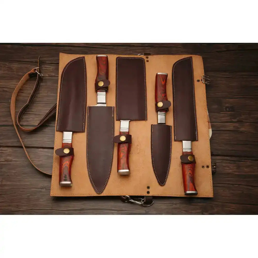 Chef tools kit Custom Handmade Damascus Steel Chef Set With Leather Cover || Drs Knives Hub