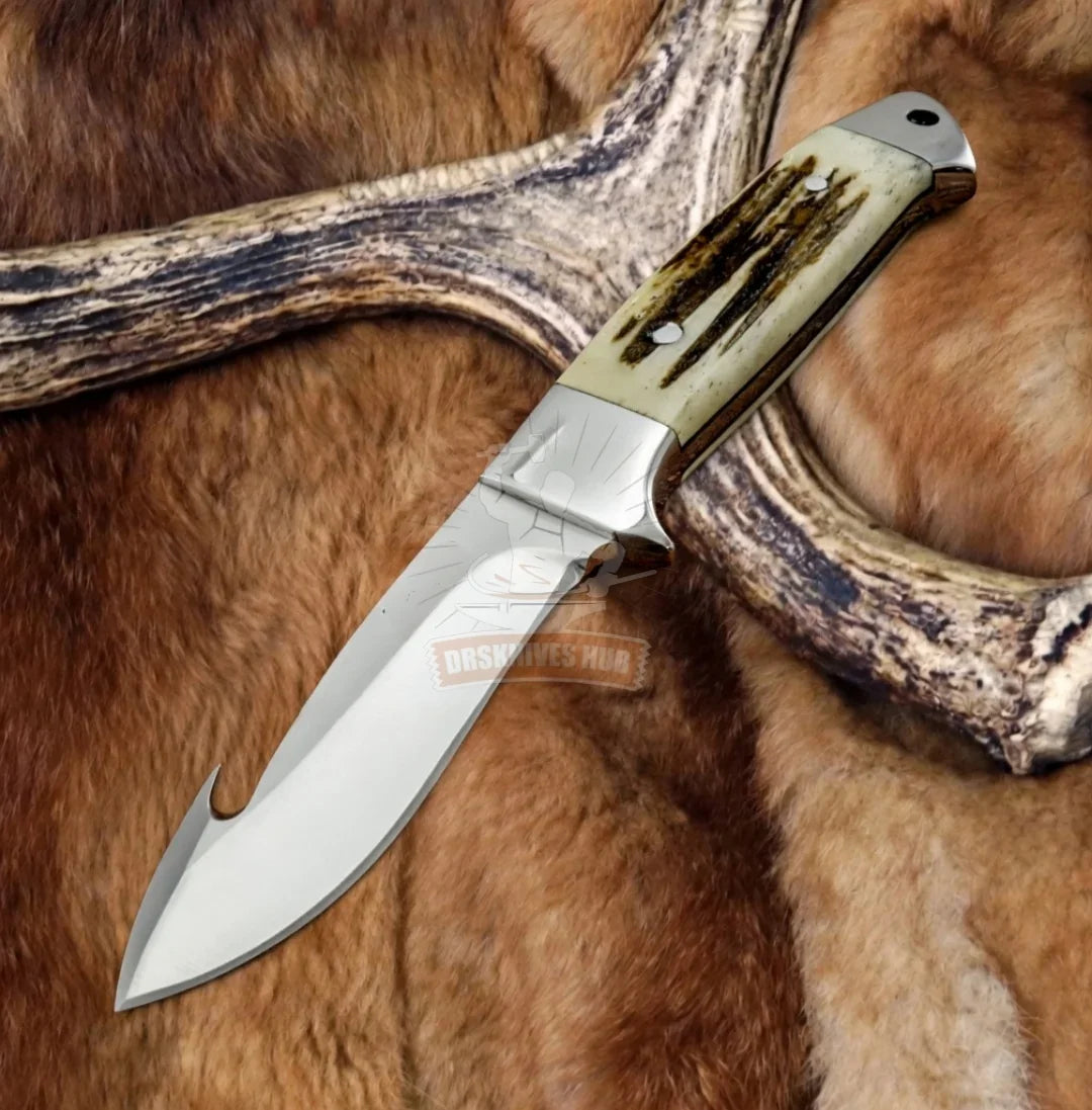 Mercia Hunter- Custom Skinning Gut Hook Knife Antler Handle By DRSKNIVES HUB