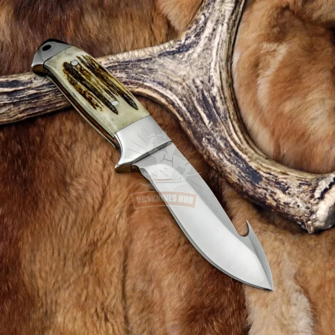 Mercia Hunter- Custom Skinning Gut Hook Knife Antler Handle By DRSKNIVES HUB