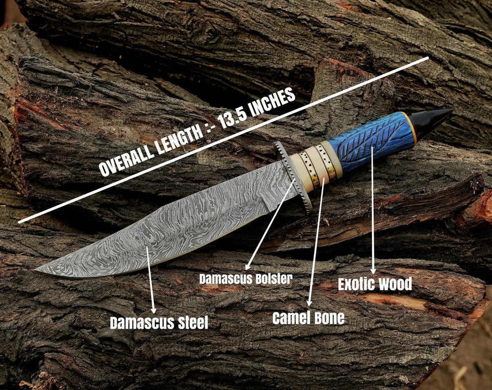 Handmade Damascus Steel Bowie Knife with Exotic Wood & Camel Bone Handle – Leather Sheath Included | DRSKNIVES HUB