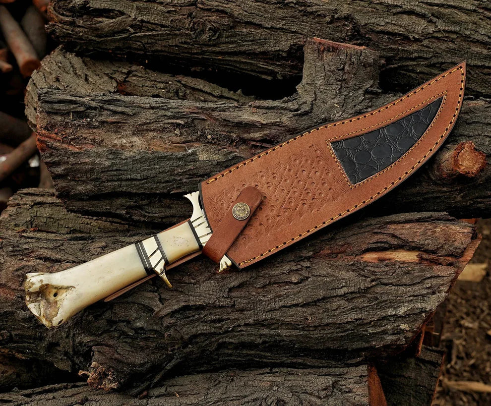 Camel Bone Handle Handmade Damascus Steel Blade Hunting ,Bowie Knife With Leather Sheath Cover