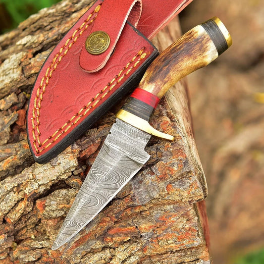 DAMASCUS STEEL HUNTING SKINNING KNIFE DEER STAG ANTLER HANDLE