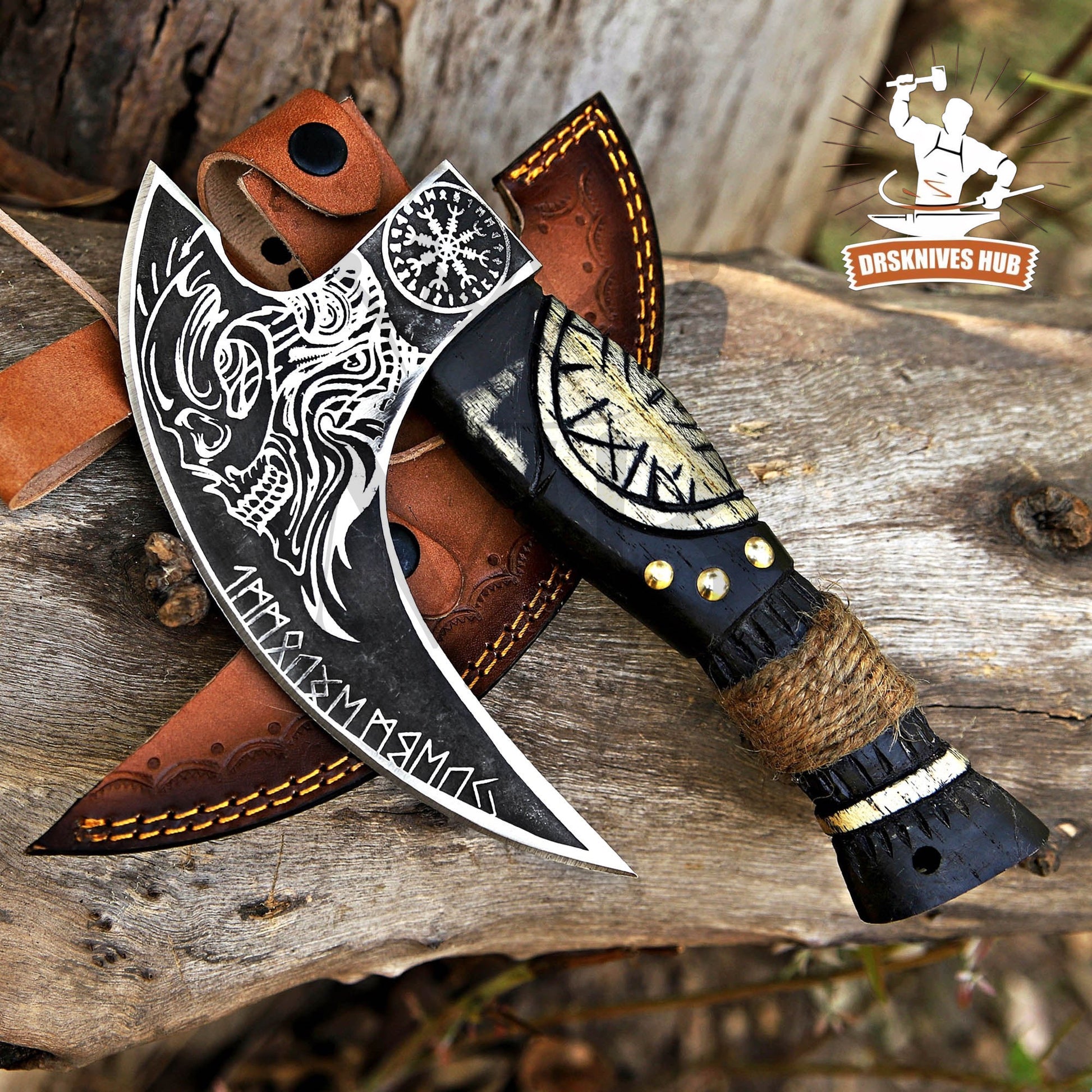 Handcrafted Rustic Pizza Cutter Axe With Leather Sheath Cover 