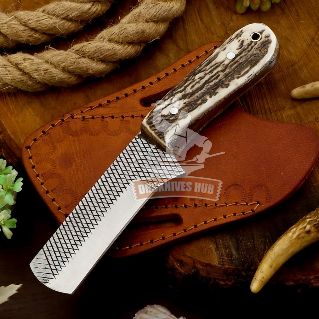 Handmade Cowboy Bull Cutter Knife Rasp Steel Blade Stag Horn Handle Knife