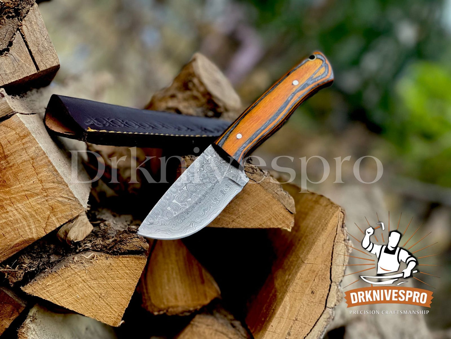 Handmade Damascus Steel Skinning Knife with Wood Handle & Leather Sheath  |DRSKNIVES HUB