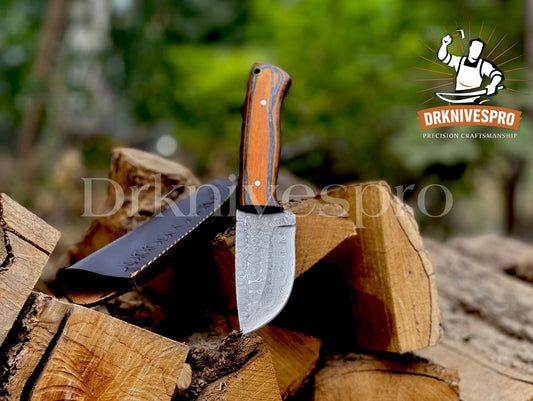 Handmade Damascus Steel Skinning Knife with Wood Handle & Leather Sheath  |DRSKNIVES HUB