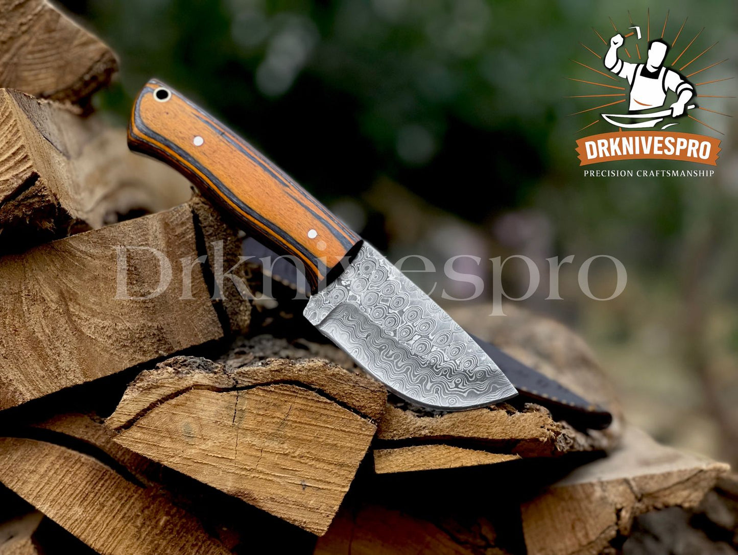 Handmade Damascus Steel Skinning Knife with Wood Handle & Leather Sheath  |DRSKNIVES HUB