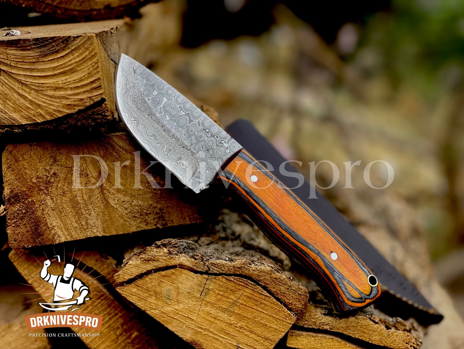 Handmade Damascus Steel Skinning Knife with Wood Handle & Leather Sheath  |DRSKNIVES HUB