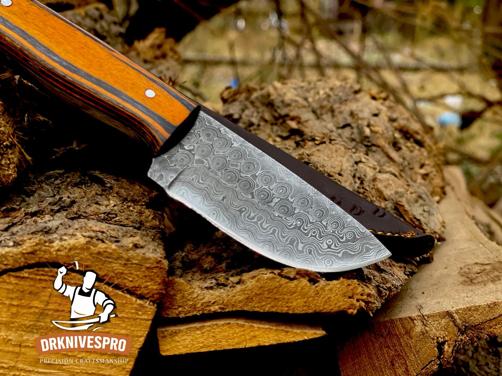 Handmade Damascus Steel Skinning Knife with Wood Handle & Leather Sheath  |DRSKNIVES HUB