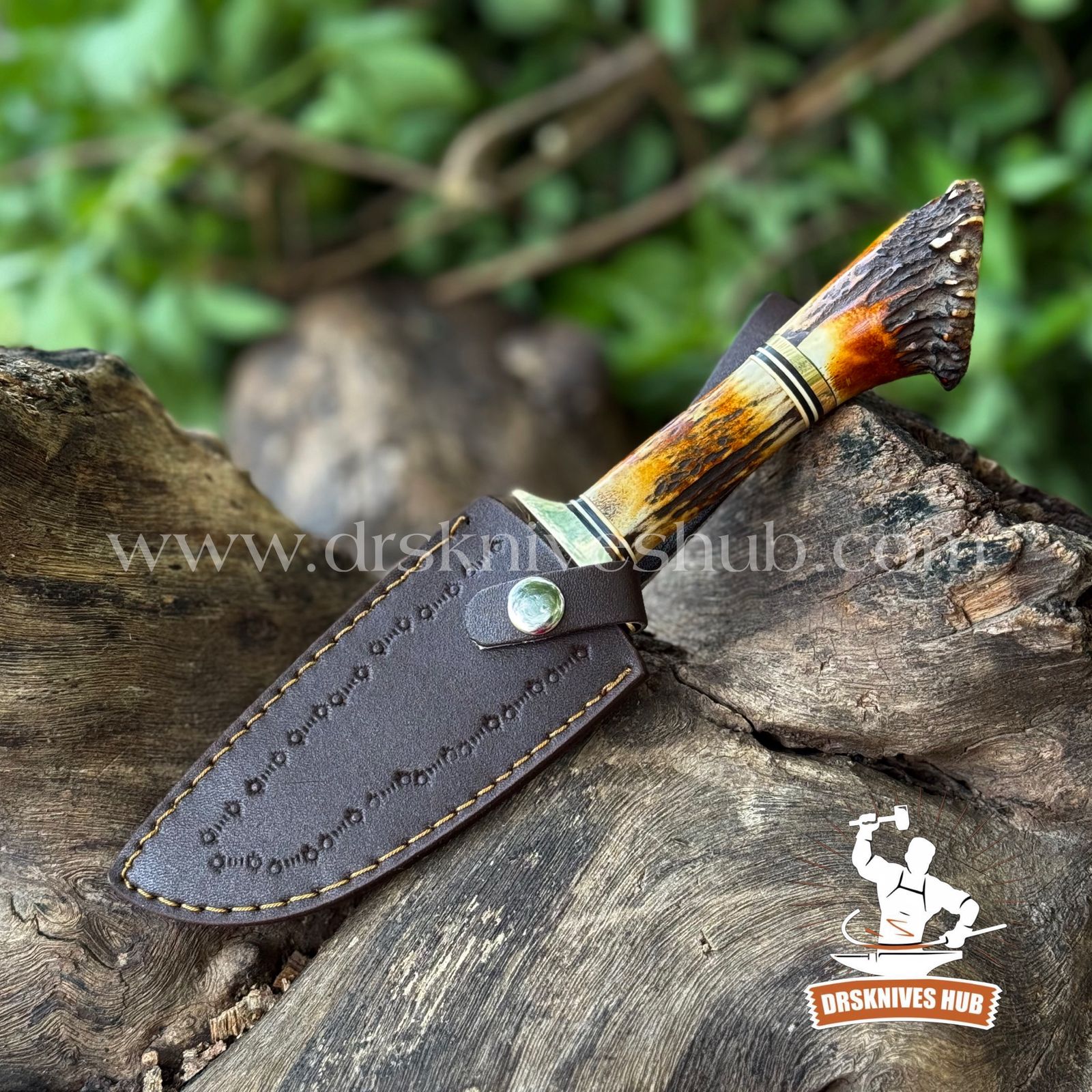 Handmade Outdoor Knife with Deer Antler Handle With Leather Sheath Cover | DRSKNIVES HUB