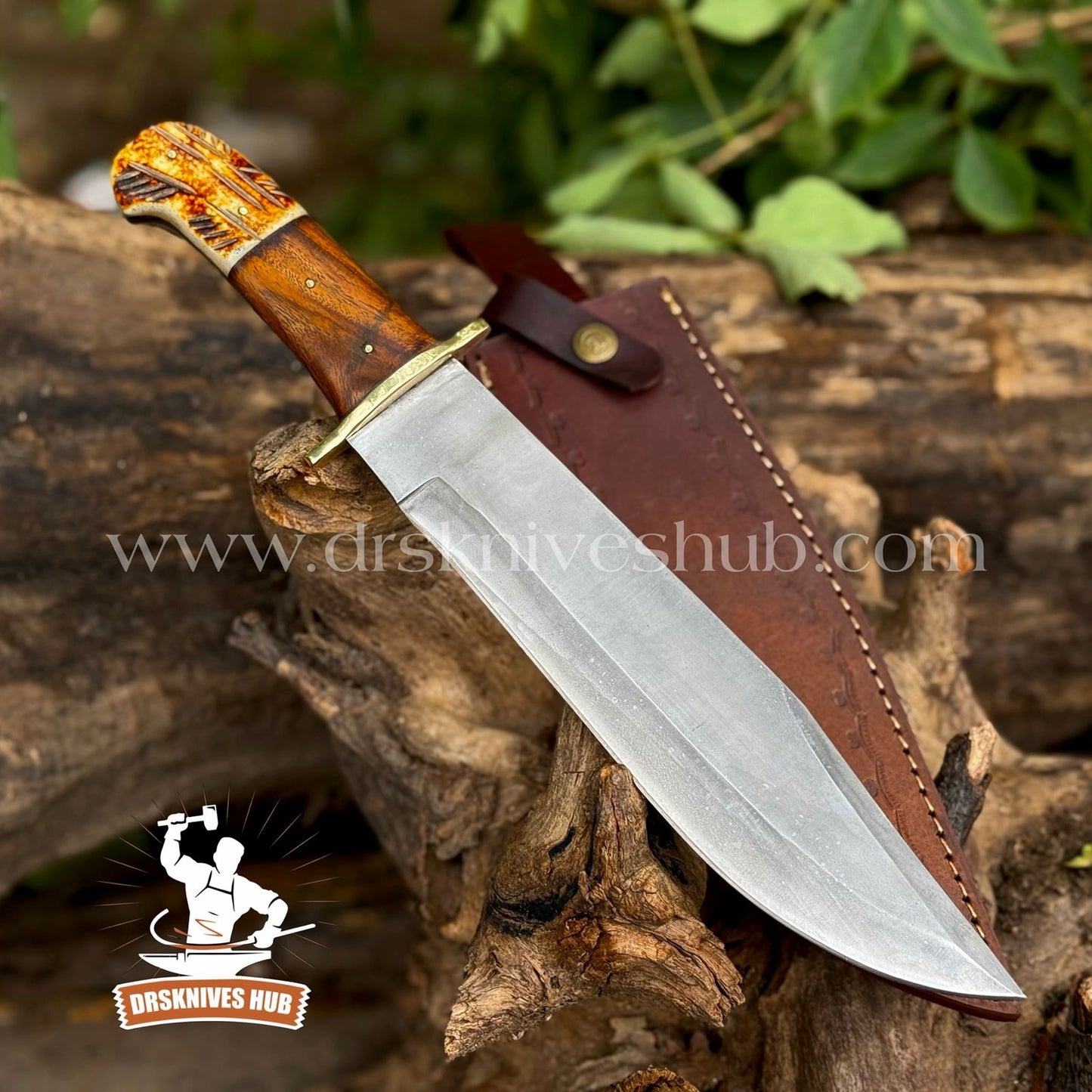 Custom Handmade D2 Steel Blade Hunting Bowie Knife Wood & Bone Handle With Leather Sheath Cove | DRSKNIVES HUB