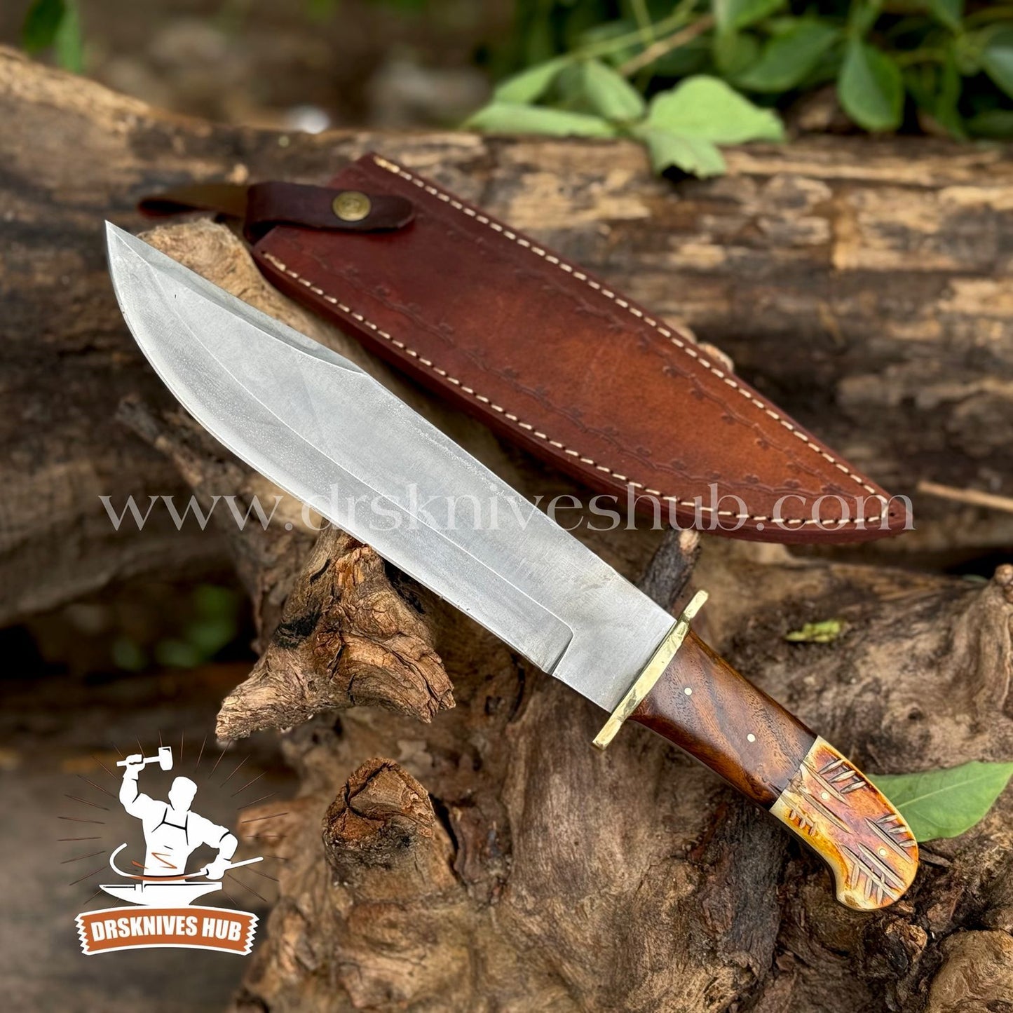 Custom Handmade D2 Steel Blade Hunting Bowie Knife Wood & Bone Handle With Leather Sheath Cove | DRSKNIVES HUB