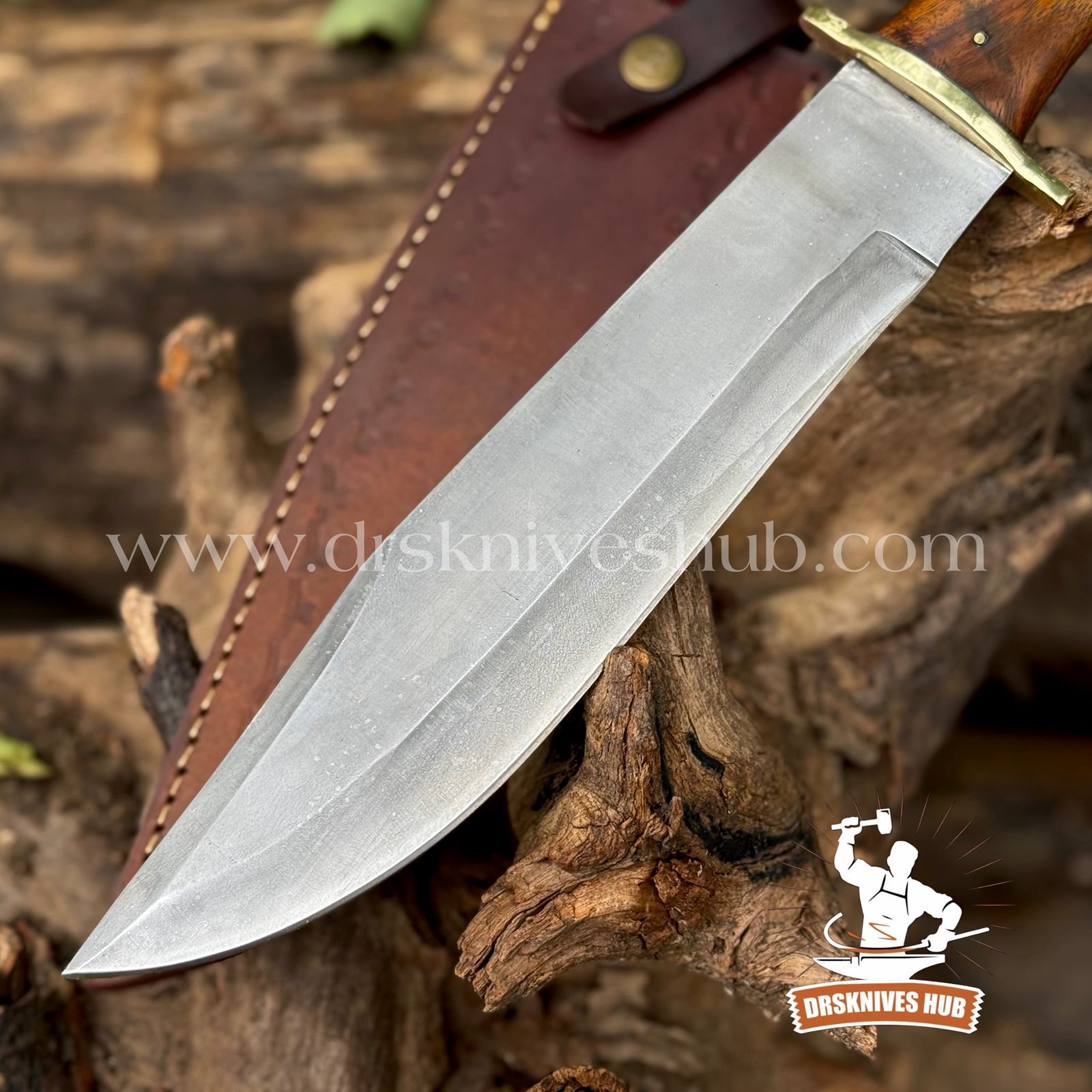 Custom Handmade D2 Steel Blade Hunting Bowie Knife Wood & Bone Handle With Leather Sheath Cove | DRSKNIVES HUB