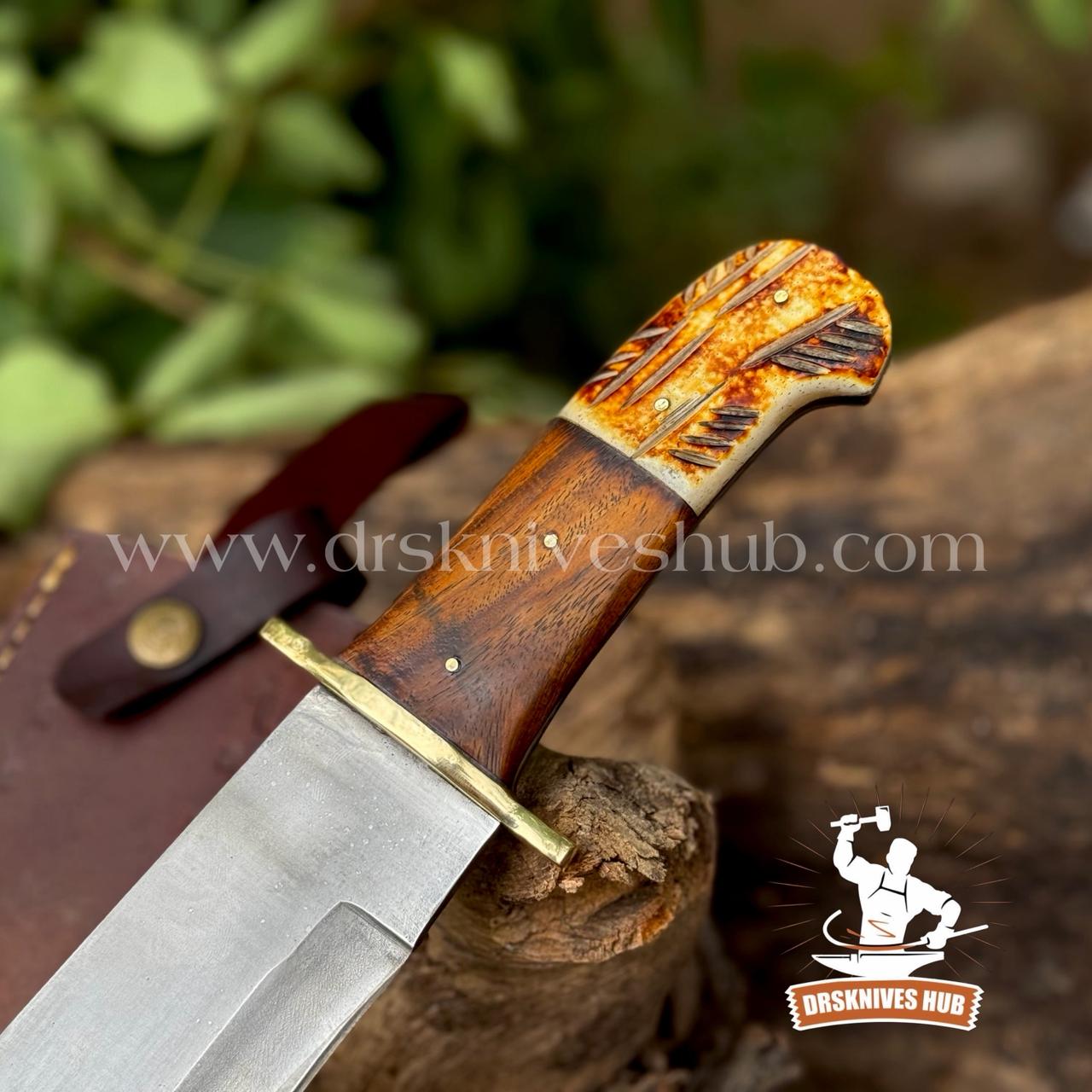 Custom Handmade D2 Steel Blade Hunting Bowie Knife Wood & Bone Handle With Leather Sheath Cove | DRSKNIVES HUB