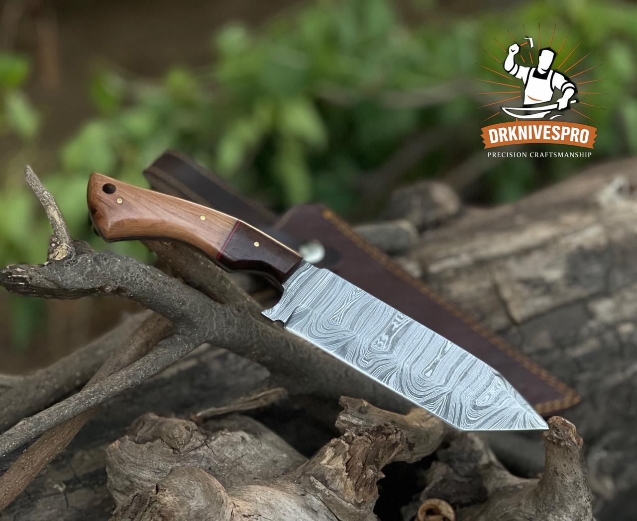 DAMASCUS STEEL HANDMADE TANTO HUNTING KNIFE WITH LEATHER SHEATH COVER | DRSKNIVES HUB 