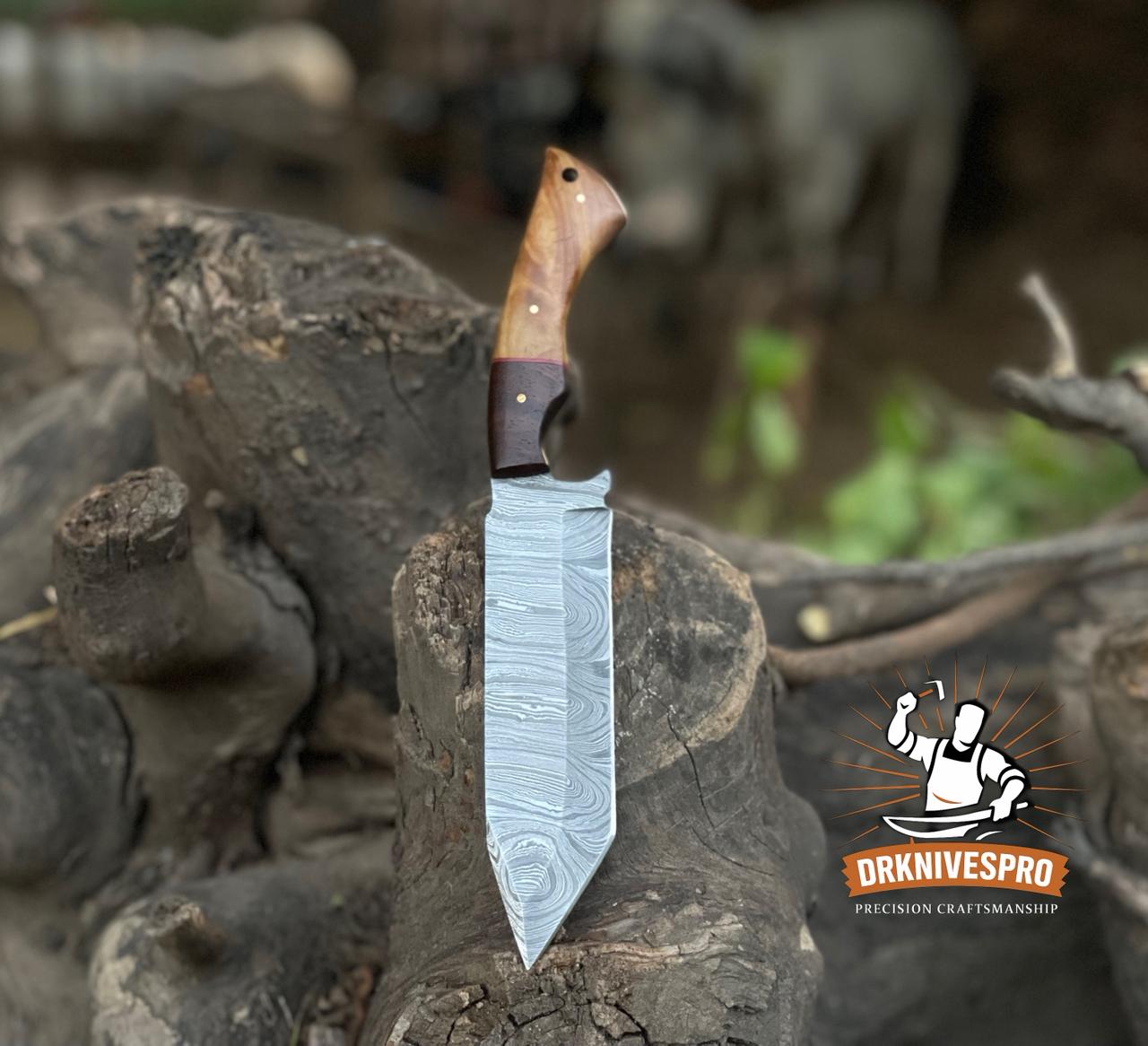 DAMASCUS STEEL HANDMADE TANTO HUNTING KNIFE WITH LEATHER SHEATH COVER | DRSKNIVES HUB 