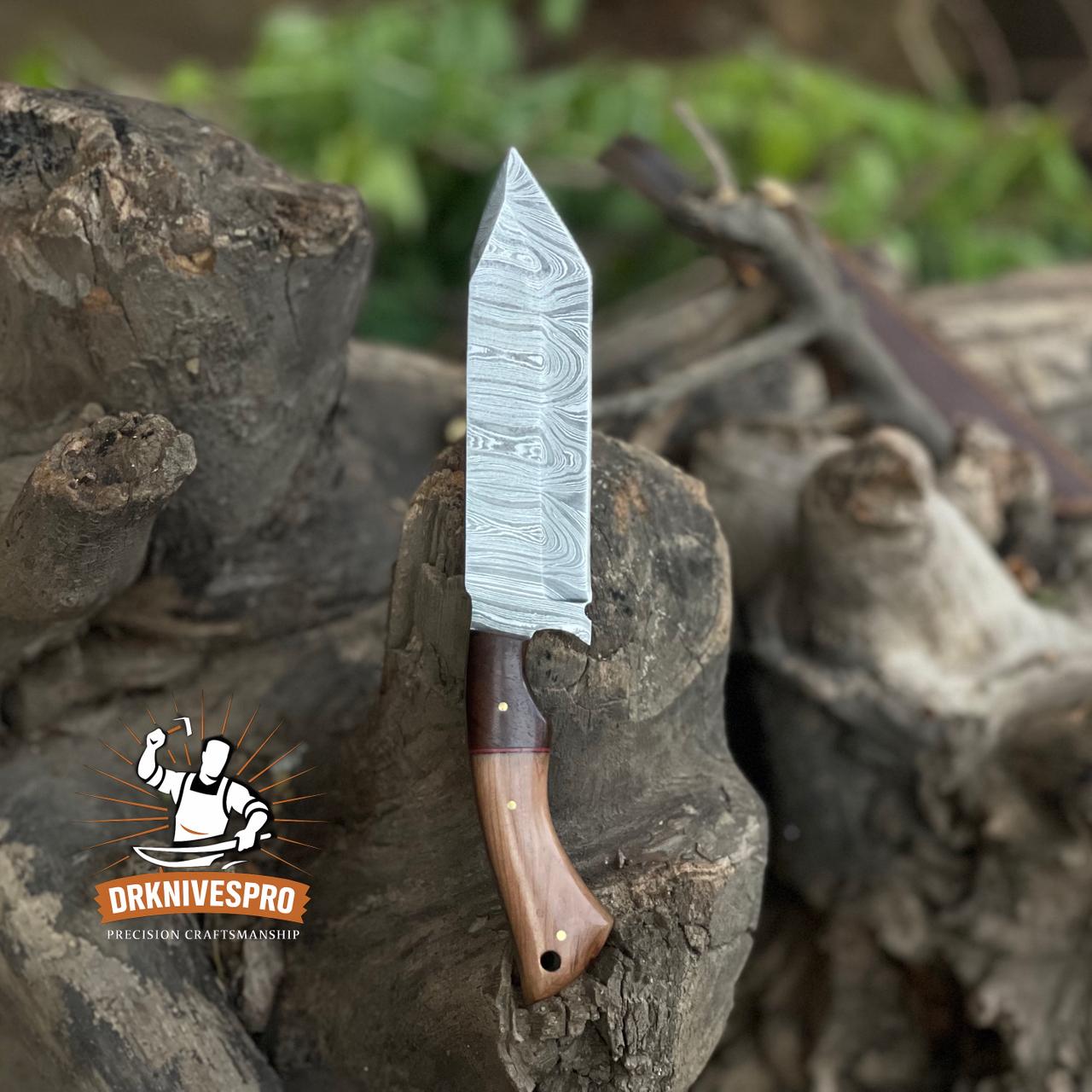 DAMASCUS STEEL HANDMADE TANTO HUNTING KNIFE WITH LEATHER SHEATH COVER | DRSKNIVES HUB 