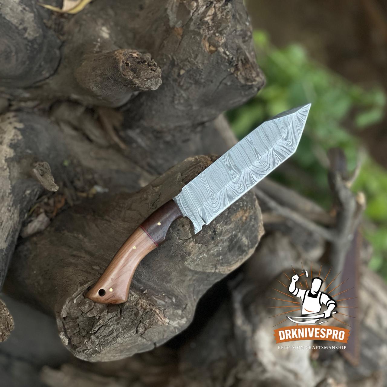 DAMASCUS STEEL HANDMADE TANTO HUNTING KNIFE WITH LEATHER SHEATH COVER | DRSKNIVES HUB 