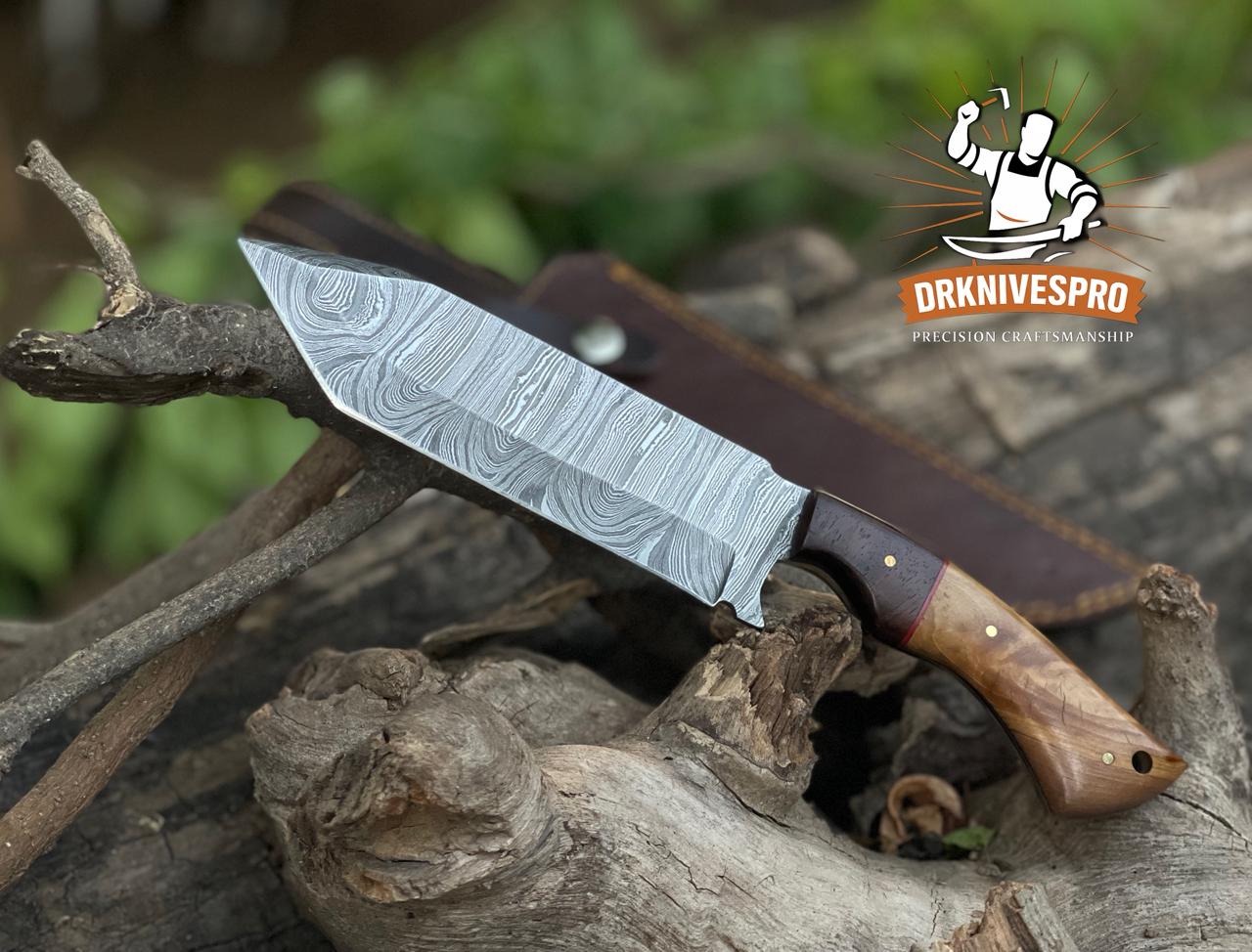 DAMASCUS STEEL HANDMADE TANTO HUNTING KNIFE WITH LEATHER SHEATH COVER | DRSKNIVES HUB 