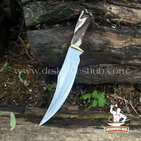 Full Tang Custom Handmade D2 Steel Clip Point Stag Antler Knife With Leather Sheath Cover | DRSKNIVES HUB