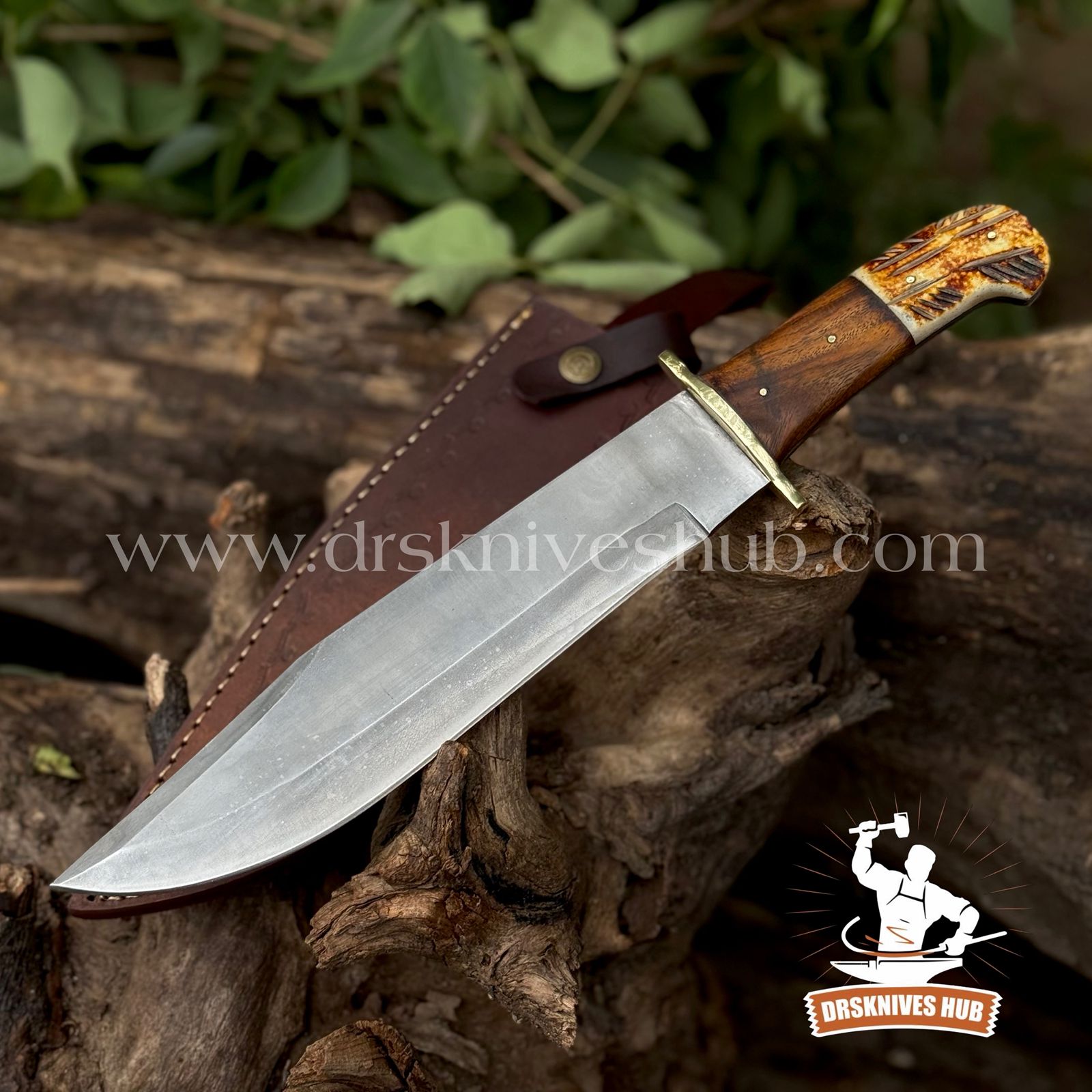 Custom Handmade D2 Steel Blade Hunting Bowie Knife Wood & Bone Handle With Leather Sheath Cove | DRSKNIVES HUB