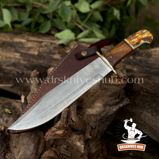 Custom Handmade D2 Steel Blade Hunting Bowie Knife Wood & Bone Handle With Leather Sheath Cove | DRSKNIVES HUB