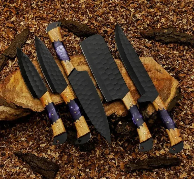 Carbon steel chef knife set with wood handles