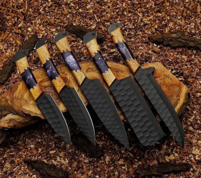 Carbon steel chef knives with resin handles