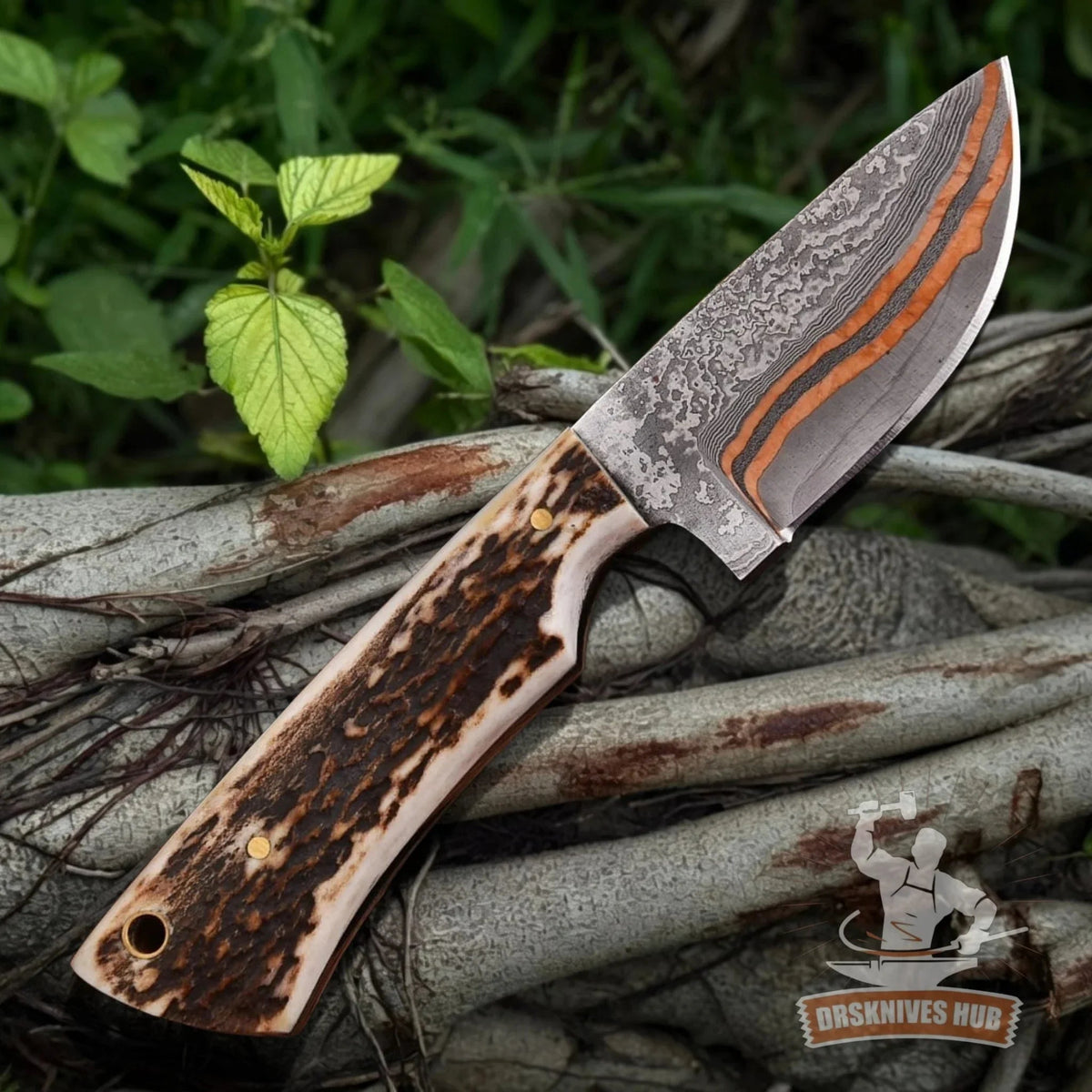 Copper Damascus skinner knife blade with genuine leather sheath
