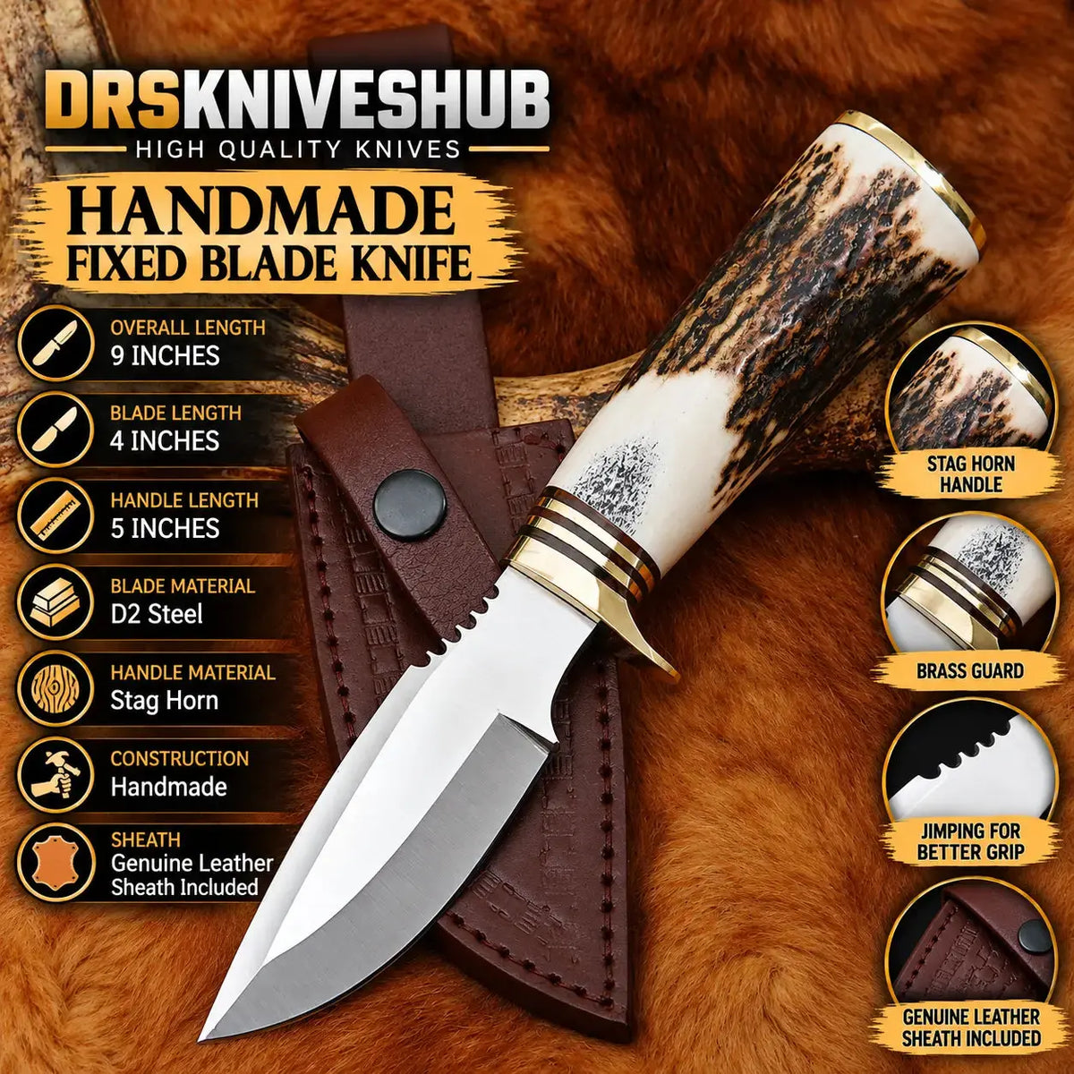 Custom handmade D2 steel hunting knife with stag horn handle and leather sheath