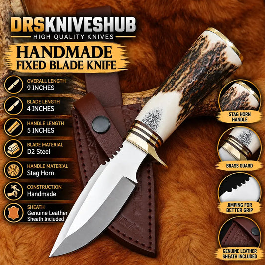 Custom handmade D2 steel hunting knife with stag horn handle and leather sheath