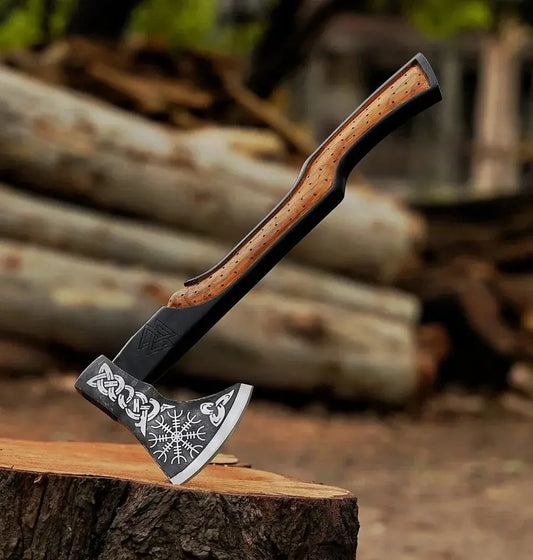 Custom handmade tomahawk axe with etched carbon steel head