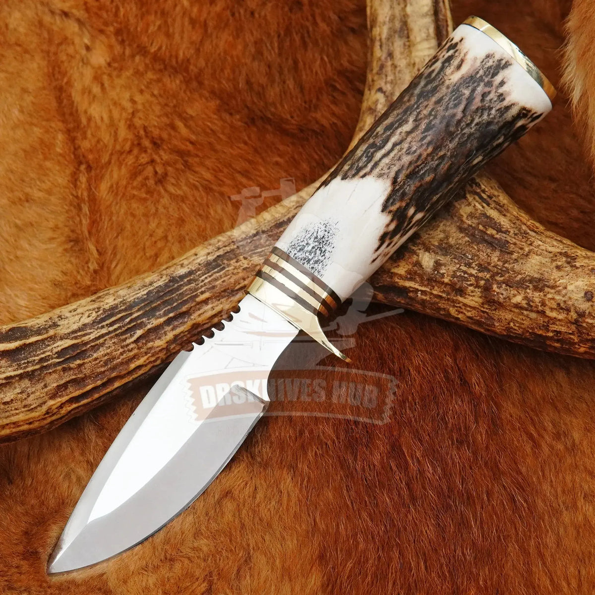 Close-up of D2 steel hunting knife blade with clip-point profile