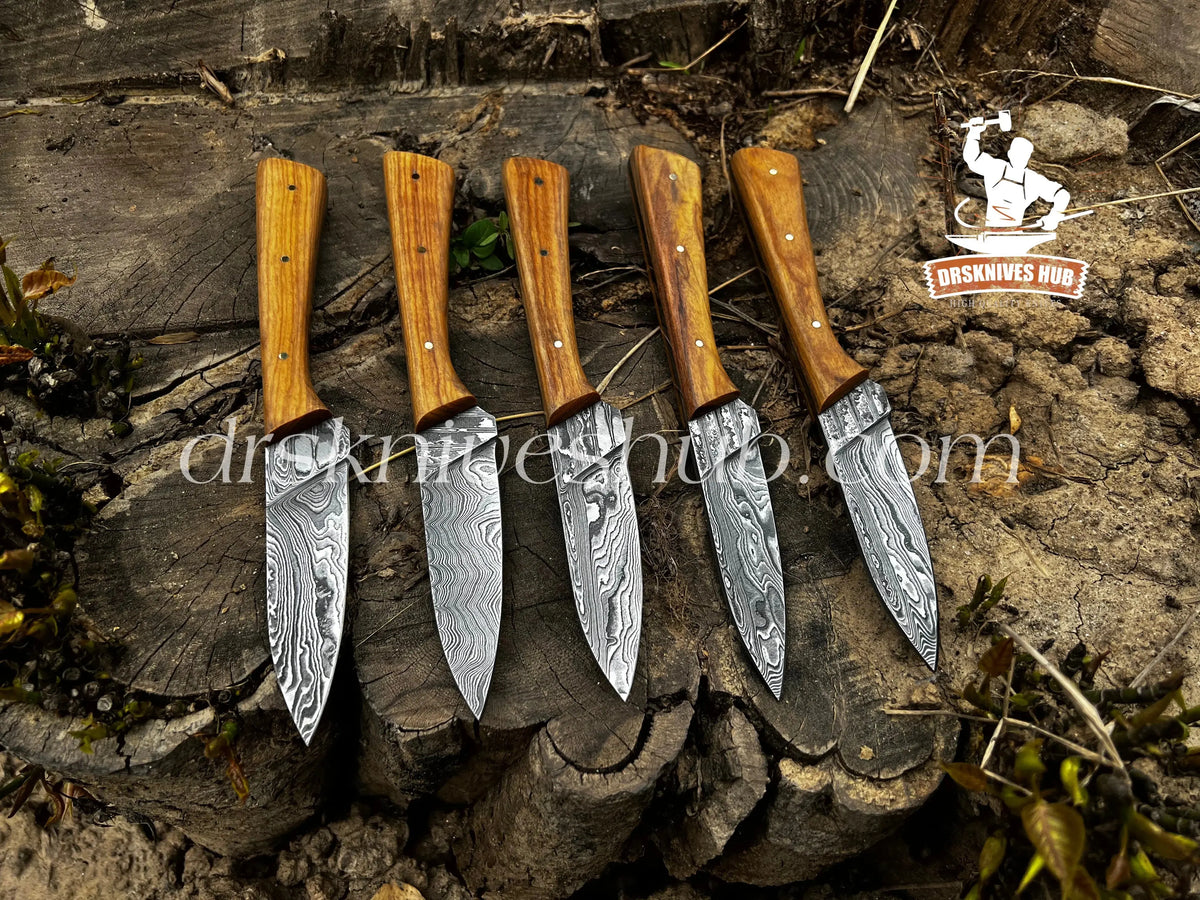 Close-up of Damascus 1095 steel steak knife blade