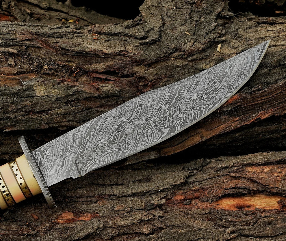 Handmade Damascus Steel Bowie Knife with Exotic Wood & Camel Bone Handle – Leather Sheath Included | DRSKNIVES HUB