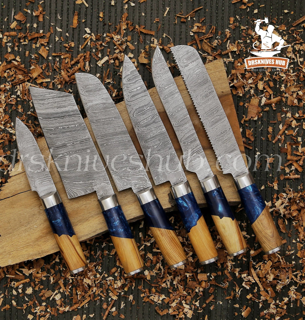 Damascus BBQ chef knife set with leather roll