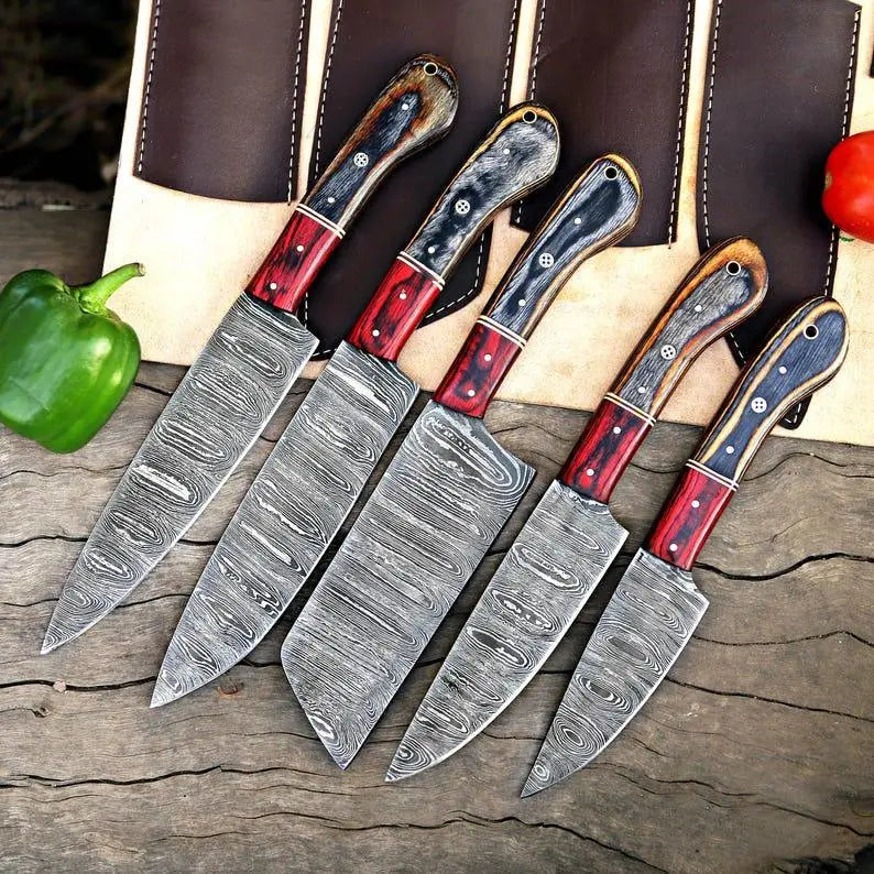 Damascus chef knife set with natural wood handles