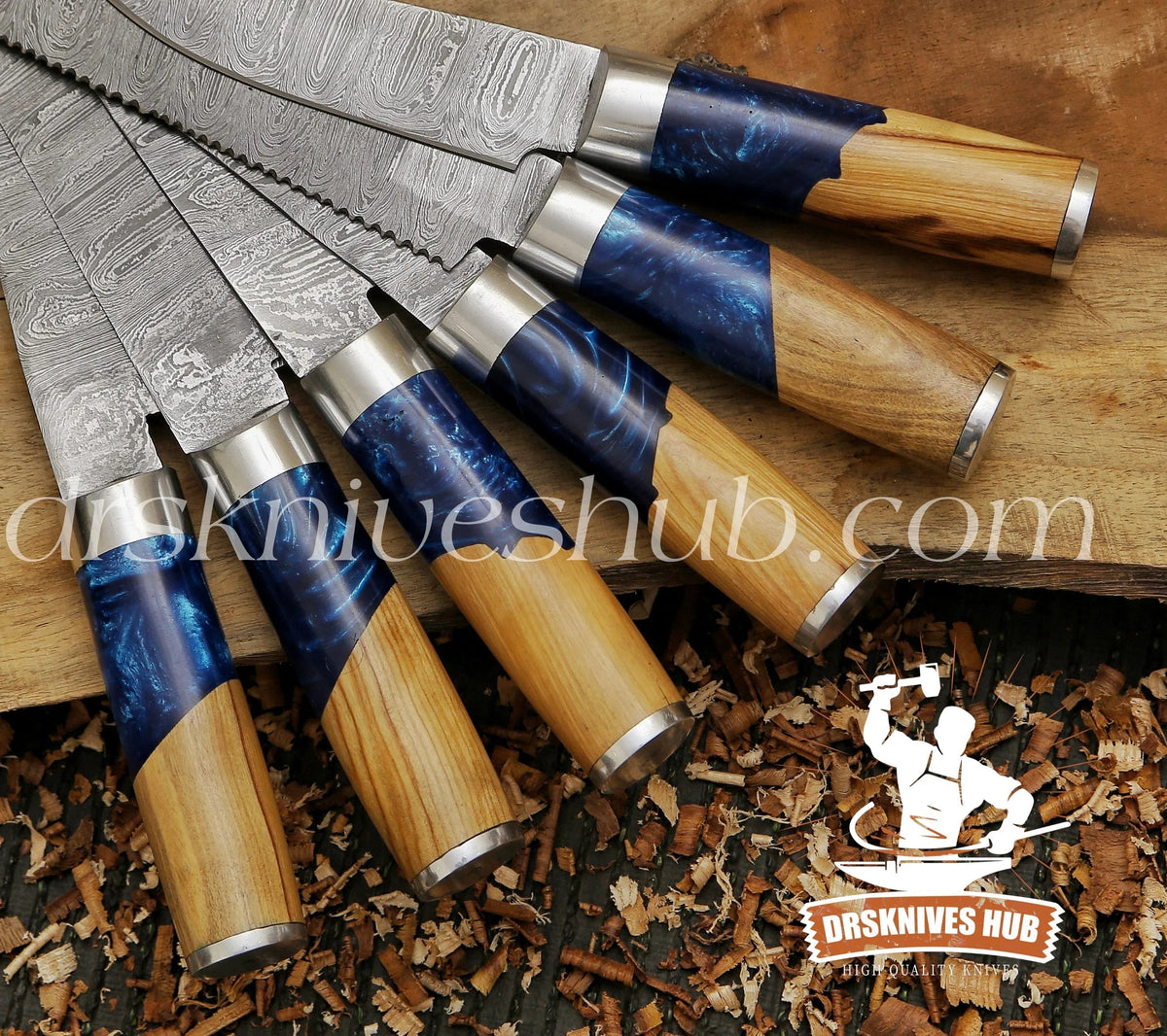 Damascus chef set with leather roll kit