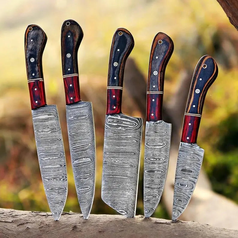 Damascus chef set with wood handles and leather roll