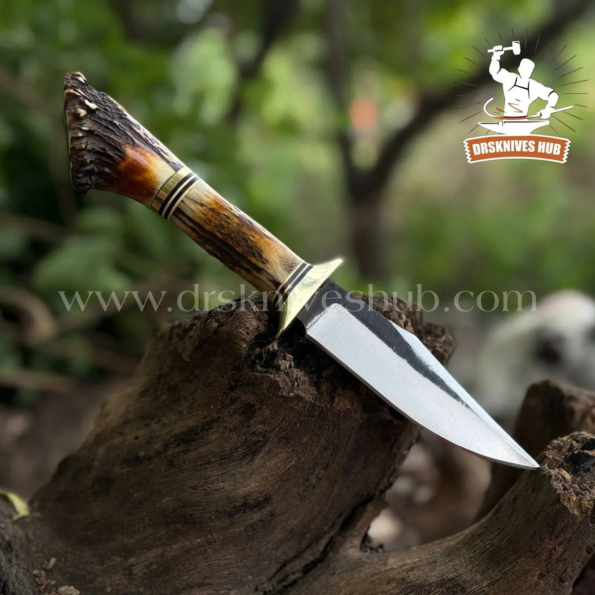 Damascus hunting knife with natural stag crown antler handle
